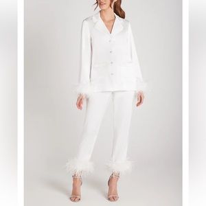 Nadine Merabi White Satin Pajamas with pearl buttons